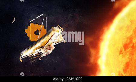 The James Webb telescope explores outer space on Sun background. Elements of this image furnished by NASA.