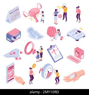 Isometric menstrual cycle pms set of isolated icons with female characters clocks meds and calendar images vector illustration Stock Vector