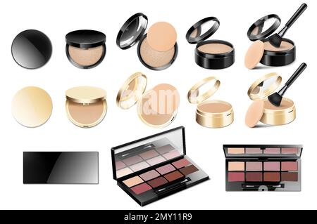 Set of realistic cosmetic makeup products. Blank template of containers for face cosmetic, eyeshadow, lipstick, brush, powder, nail polish and mascara Stock Vector