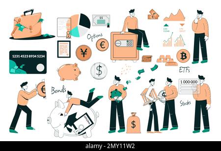 Investment portfolio diversification flat set with isolated icons of coins money shares graphs and human characters vector illustration Stock Vector
