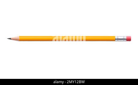 Yellow pencil sharpened with a red rubber band , isolated on white background. Stationery pencil mockup. Realistic 3d vector illustration Stock Vector