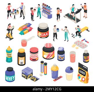 Sport nutrition icons set with people isometric isolated vector illustration Stock Vector