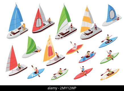 Regatta set with sailing symbols isometric isolated vector illustration Stock Vector