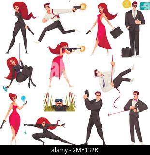 Secret agents cartoon icons set with male and female super heroes isolated vector illustration Stock Vector