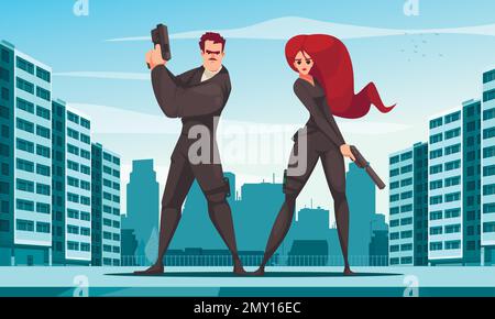 Super agent cartoon with couple in security guard clothing on city background vector illustration Stock Vector