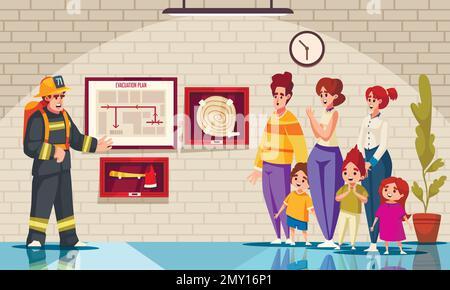 Evacuation Alarm Cartoon Poster With Fireman Rescuing People From evacuation-alarm-cartoon-poster-with-fireman-rescuing-people-from
