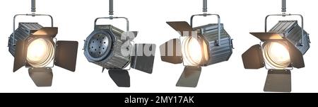 Set of illuminated spotlights isolated on white, lighting stage equipment. 3d illustration Stock Photo