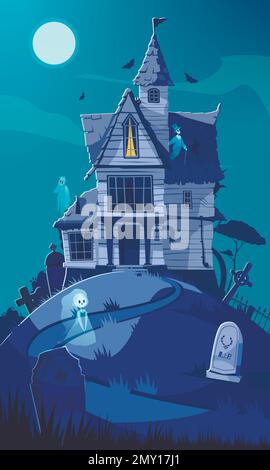 Scary house cartoon poster with horror building in moonlight vector illustration Stock Vector