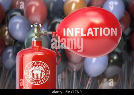 Fed and inflation. Tank with symbol of Federal Reserve system inflates of ballon of global economy. 3d illustration Stock Photo