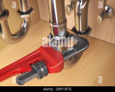 Plumber using an adjustable wrench to repair a water pipe under the sink. 3d illustration Stock Photo