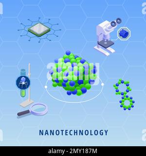 Nanotechnology nanomedicine innovative technologies with microchip microscope dna on color background isometric vector illustration Stock Vector