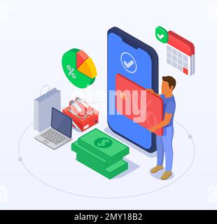 Bank loan isometric composition with online approval money purchases human character holding credit card 3d vector illustration Stock Vector