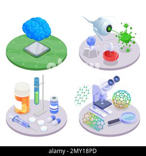 Nanotechnology nanomedicine isometric design concept with microchip nanorobots medication and nanotubes isolated 3d vector illustration Stock Vector