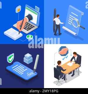 Contract agreement 2x2 design concept with people signing papers and putting electronic signature isolated isometric vector illustration Stock Vector