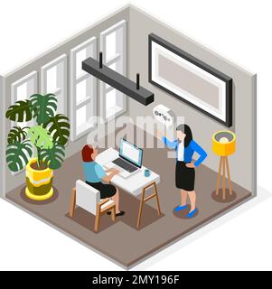 Bad boss isolated isometric composition boss is telling off her employee in the workplace vector illustration Stock Vector