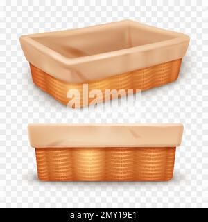 Realistic set of two wicker baskets with linen cloth side and top views isolated on transparent background vector illustration Stock Vector