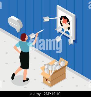 Bad boss isometric composition an executive plays darts with a photo of an employee vector illustration Stock Vector
