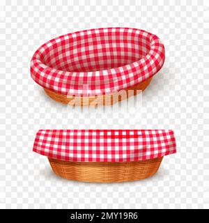 Empty oval wicker basket with red and white checkered cloth realistic set isolated on transparent background vector illustration Stock Vector