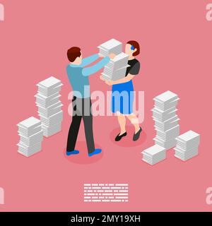Bad boss isometric and colored concept supervisor is overburdening his employee with too much work vector illustration Stock Vector