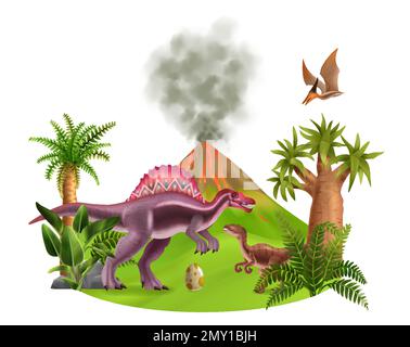 Jurassic period landscape composition with realistic dinosaurs egg volcano and ancient plants vector illustration Stock Vector