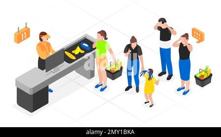 Isometric queue composition queue of different people at the cash register of the grocery store vector illustration Stock Vector
