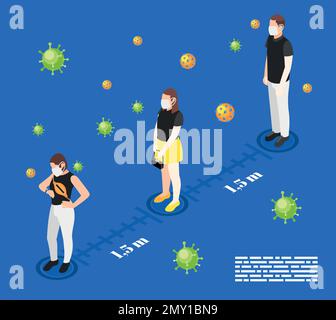 Queue isometric composition keeping a social distance in covid and people in protective masks vector illustration Stock Vector