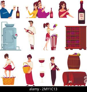 Wine cartoon icons set with production and drinking scenes isolated vector illustration Stock Vector