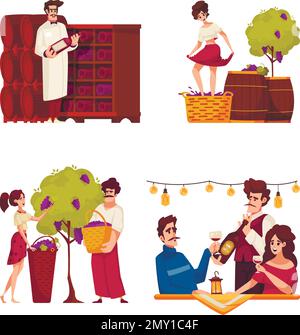 Wine composition cartoon icons set with traditional making and drinking scenes isolated vector illustration Stock Vector