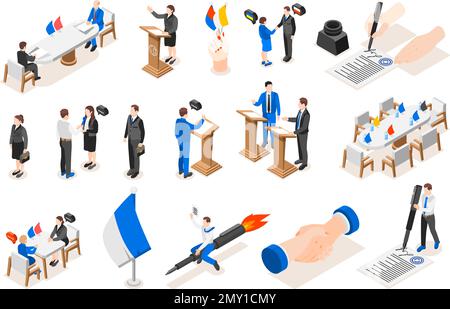 Diplomacy and diplomat isometric icon set people at the negotiating table at debates at speeches before the government the flag of the country and the Stock Vector