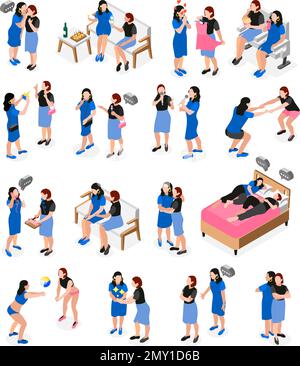 Female friends isometric icon set two friends going out doing general things chatting having fun singing karaoke vector illustration Stock Vector