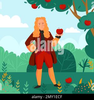 Great scientist isaac newton holding apple in garden flat vector illustration Stock Vector