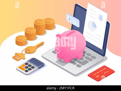 Loan mortgage isometric composition with piggy bank key to house credit card calculator coins 3d vector illustration Stock Vector