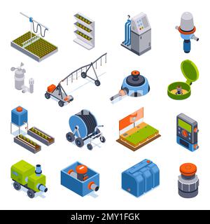Isometric irrigation systems set with isolated icons of agricultural machinery with tanks motors and water pipes vector illustration Stock Vector