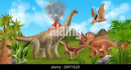 Dinosaurs walking and flying in background with erupting volcano ancient plants and blue sky realistic vector illustration Stock Vector