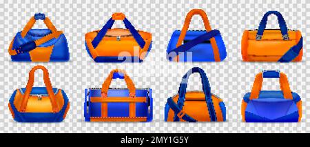 Realistic set of stylish bright orange and blue gym bags isolated on transparent background vector illustration Stock Vector