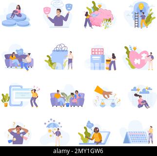 Open mind psychotherapy icons set with mental aid symbols flat isolated vector illustration Stock Vector