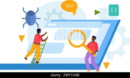 QA engineer flat concept with software developer symbols flat vector illustration Stock Vector