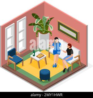 Female friends isolated isometric composition two friends talking in the apartment and drinking wine vector illustration Stock Vector