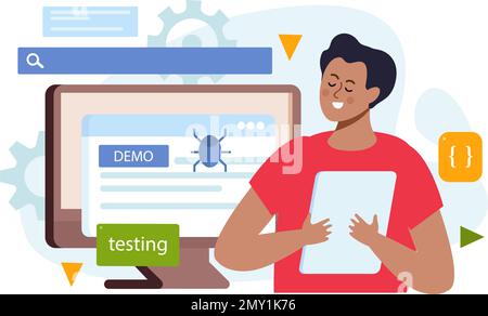 QA engineer composition with programming and coding symbols flat vector illustration Stock Vector