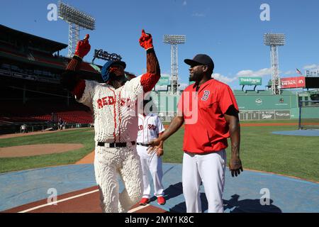 IMAGE DISTRIBUTED FOR LEGO® SYSTEMS, INC. - In this image released on  Wednesday, Aug. 31, 2016, Boston Red Sox designated hitter David Ortiz  mirrors his life-size LEGO likeness on home plate at