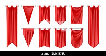 Realistic flag pennant mockup set with isolated images of hanging red pennons of different border shape vector illustration Stock Vector