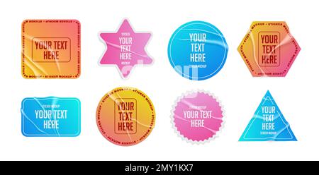 Realistic stickers and labels design set with isolated compositions of editable text frames and gradient backgrounds vector illustration Stock Vector
