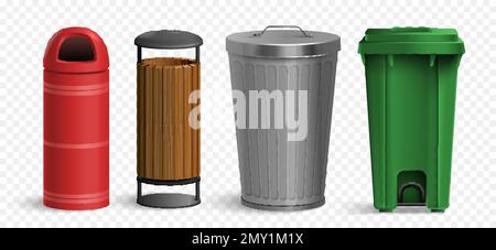 Realistic bin outdoor set with isolated images of trash buckets made of metal plastic and wood vector illustration Stock Vector