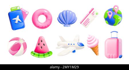 Summer vacation cartoon set of globe seashell airplane tickets tropical fruits ice cream lifebuoy isolated icons vector illustration Stock Vector