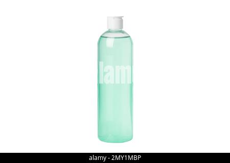 Natural green cosmetic tonic, serum, micellar water isolated on white background. Transparent cosmetic bottles. With dispenser Stock Photo