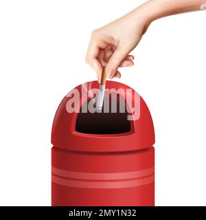 Realistic bin composition with human hand throwing cigarette into red metal waste container on blank background vector illustration Stock Vector