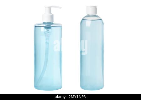 Set. Moisturizing blue, cyan cosmetic tonic, serum, micellar water isolated on white background. Transparent cosmetic bottles. With dispenser Stock Photo