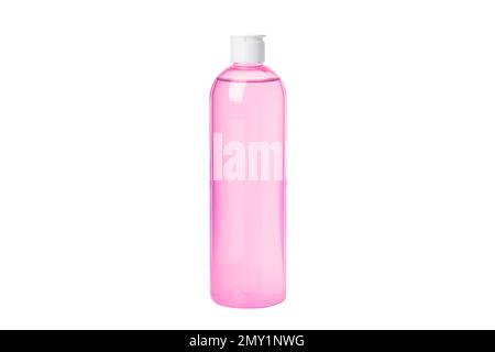 Moisturizing pink cosmetic toner, serum, micellar water isolated on white background. Transparent cosmetic bottles. With dispenser Stock Photo
