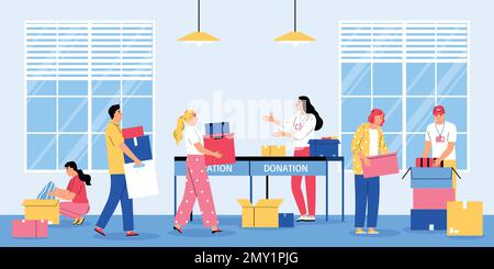 Flat charity composition with team of volunteers working with donation boxes vector illustration Stock Vector