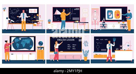 Male and female school teachers of astronomy maths biology geography english and chemistry at blackboard flat color set isolated vector illustration Stock Vector